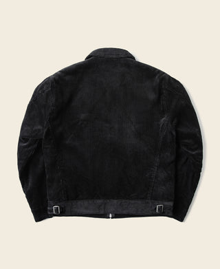 Black corduroy cossack jacket back view with snap waist tabs