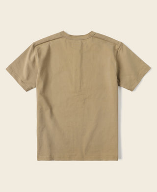 Khaki cotton short-sleeve henley T-shirt, back view