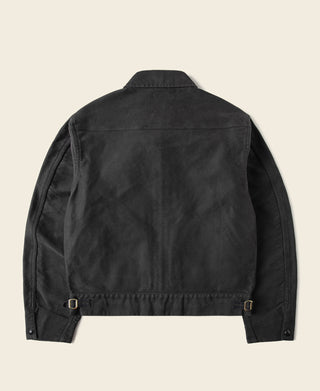 Black moleskin Cossack jacket back view with stand collar and waistband buckle tabs