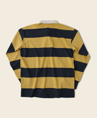 Striped jersey rugby shirt in yellow and navy with horizontal bands, back view