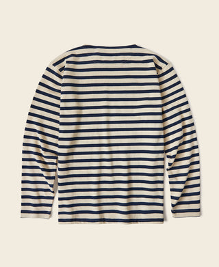 Apricot and navy striped long sleeve T-shirt, back view