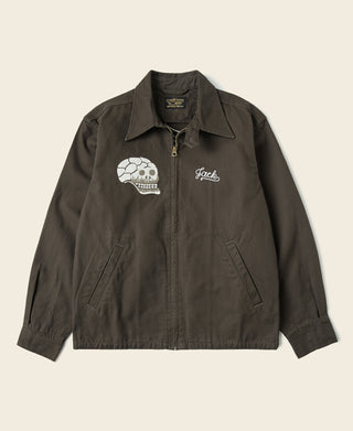 Dark gray-green front jacket with zipper placket and skull embroidery on chest