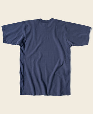 Navy crew-neck short-sleeve T-shirt from back view, ribbed collar and straight hem