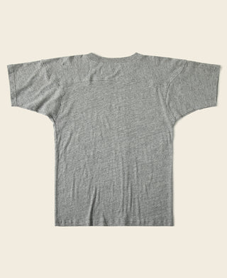 Gray drop-shoulder crew T-shirt with heathered knit fabric, no visible back graphic