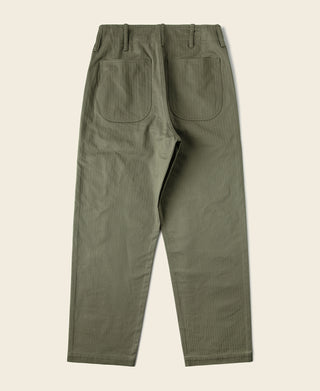 Olive utility fatigue trousers with straight legs and front pockets