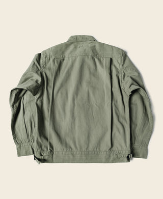 Olive fatigue jacket back view with button placket and gathered waistband tabs