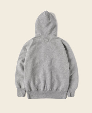 Gray terry hooded sweatshirt, back view with curved hood and ribbed cuffs