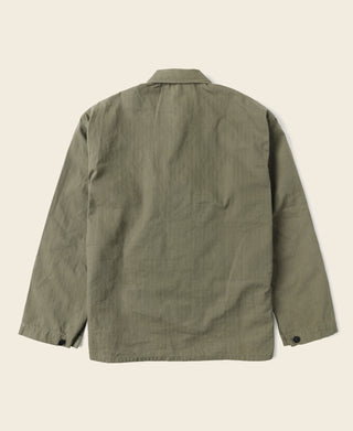 Olive utility jacket back view with stand collar and button cuffs