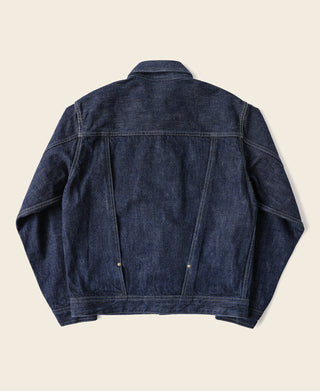 Indigo denim jacket back view with yoke seams and button closure