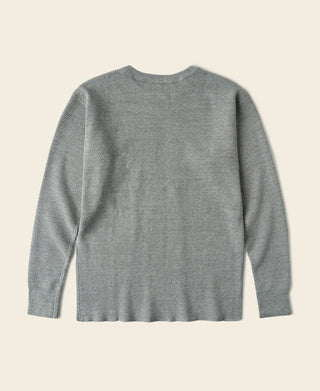 Gray waffle thermal knit shirt, crew neck, long sleeves; ribbed trim at cuffs and hem