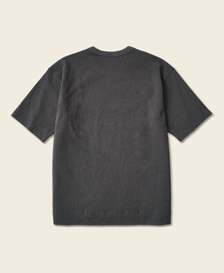 Dark gray cotton T-shirt, crew neck, laid flat (no pocket visible)