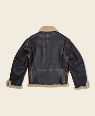 Dark brown leather flight jacket back view with tan shearling hem trim