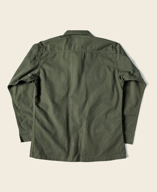 Olive fatigue jacket back view with stand collar and button front