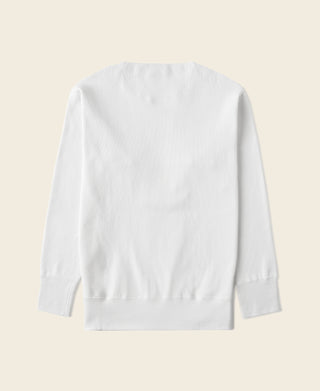 White long-sleeve henley shirt back view with curved hem