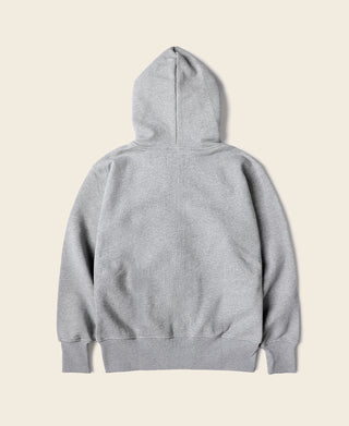 Gray terry cloth full-zip hoodie with drawstring hood, back view, flat lay