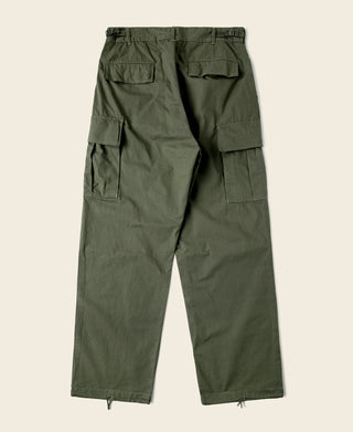 Olive cargo fatigue pants with multiple cargo pockets and drawstring hem