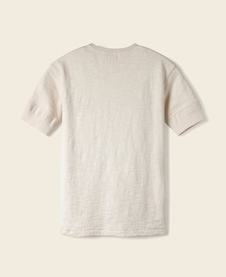 Loopwheel tubular henley t-shirt, short-sleeve back view in apricot-beige