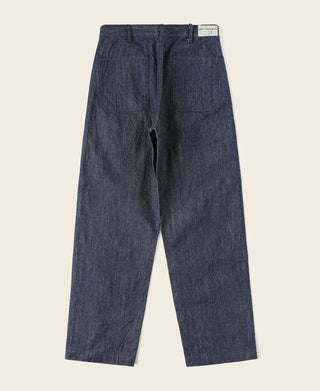 Indigo denim work trousers with back welt pockets and belt loops