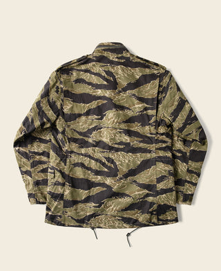 Tiger stripe camo field jacket, back view with full zipper and drawstring hem