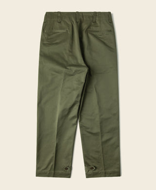 Olive M-43 field trousers, flat lay front view with belt loops and cargo pocket details