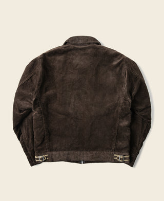 Brown corduroy cossack jacket back view with stand collar and adjustable hem tabs