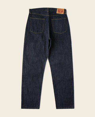 Indigo selvedge denim jeans, back view with two patch pockets and label