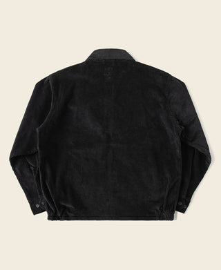 Black corduroy zip-up jacket, rear view with ribbed collar and stitched seams