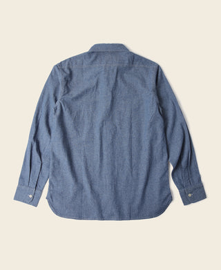 Blue chambray work shirt back view with buttoned collar