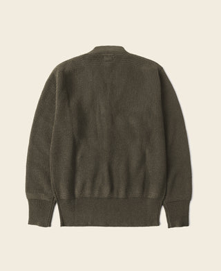 Olive V-neck knit sweater back view with ribbed cuffs and hem