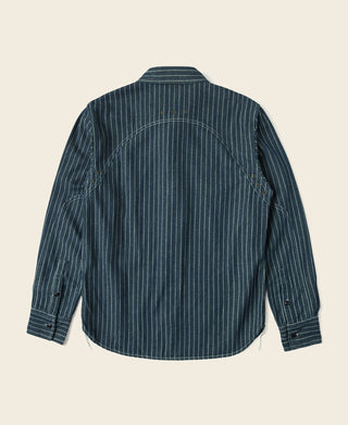 Indigo striped work shirt back view with buttoned cuffs and yoke seam