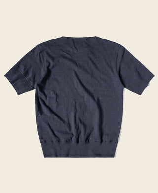 Navy short-sleeve henley T-shirt, back view