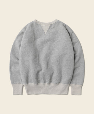 Gray crewneck fleece sweatshirt, back view, ribbed hem and cuffs