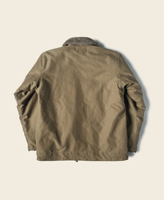 Khaki N-1 deck jacket back view with dark gray shearling collar