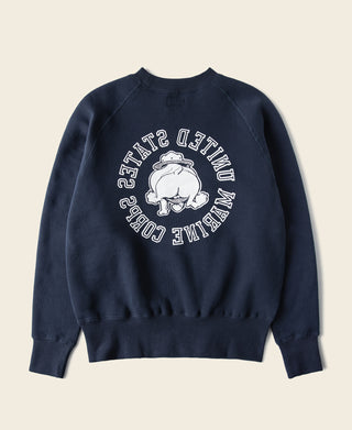 Navy raglan crewneck sweatshirt with circular Marine Corps chest graphic
