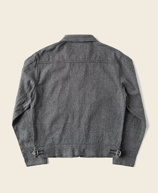 Salt & pepper cossack jacket, back view with stand collar and hem adjustment tabs