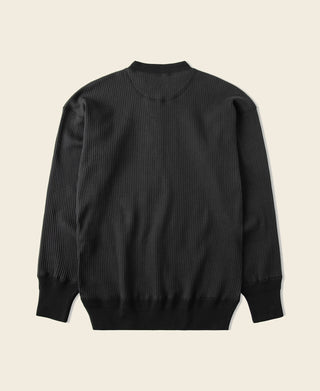 Black ribbed long-sleeve henley t-shirt back view with crew neckline