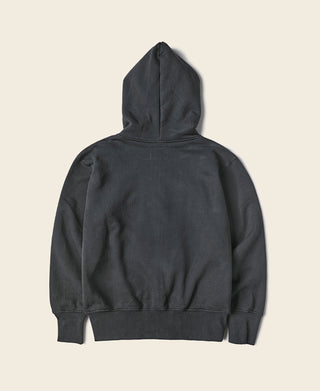 Black full-zip hoodie back view with hood and ribbed hem