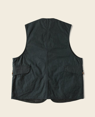 Dark green canvas game pockets vest, back view with two side patch pockets