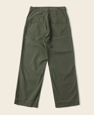 Olive utility fatigue pants with side cargo pockets and straight leg