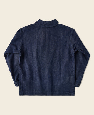 Indigo dungaree pullover jumper, back view with ribbed collar and long sleeves