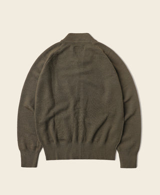 Olive wool zip-up sweater back view with ribbed knit cuffs