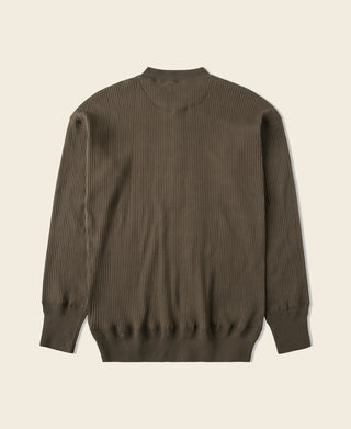 Olive-brown ribbed long-sleeve henley shirt with crew neckline and ribbed cuffs