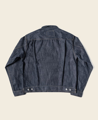 Indigo selvedge denim Type 2 jacket, buttoned front, back view