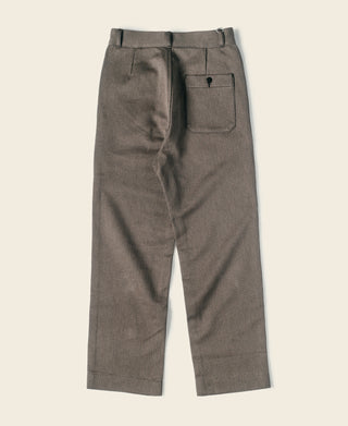 Brown salt-and-pepper stripe pants with side pockets and back patch pocket