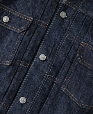 Denim jacket front placket with metal snaps and orange contrast stitching