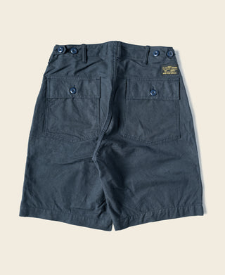 Navy utility shorts with front flap pockets, belt loops, and buttoned waist