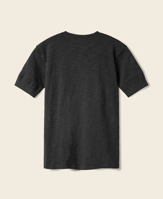Loopwheel tubular henley T-shirt in black, short sleeves, smooth back view