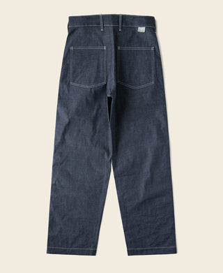 Indigo dungaree pants with front patch pockets, belt loops, and straight leg