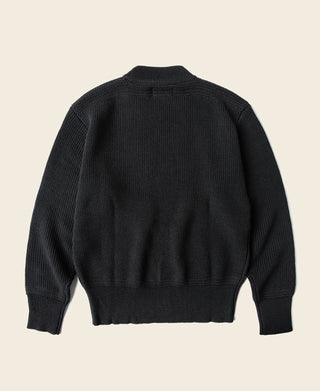 Black wool crewneck sweater with ribbed hem and cuffs, back view