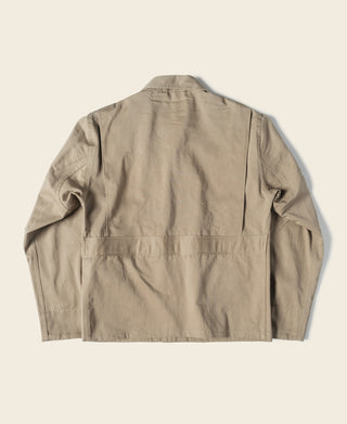 Khaki summer flight jacket back view with relaxed fit and side pocket openings